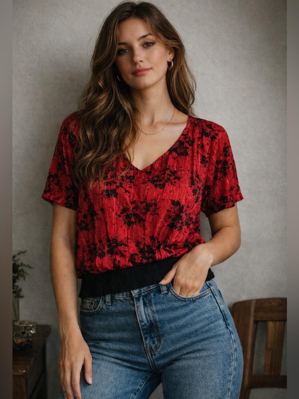 Textured Pleated Red Floral Blouse Smocked Hem 90s Y2K Indie Sleaze TopTop Notch